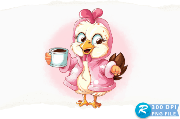 A Cartoon Style Chicken Holding a Coffee in Graphics and Crafts